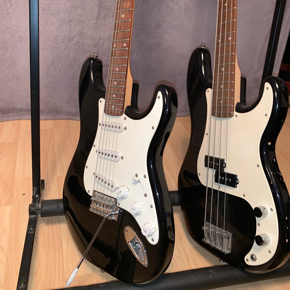 authentic fender squire electric guitar and bass